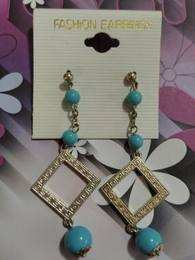 Vintage Boho Turquoise Silver Tone Drop Earrings Etched Dangle Statement Jewelry